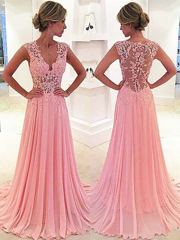 Sleeveless Amazing Chiffon Lace V-neck Prom Dress-ballbellauk