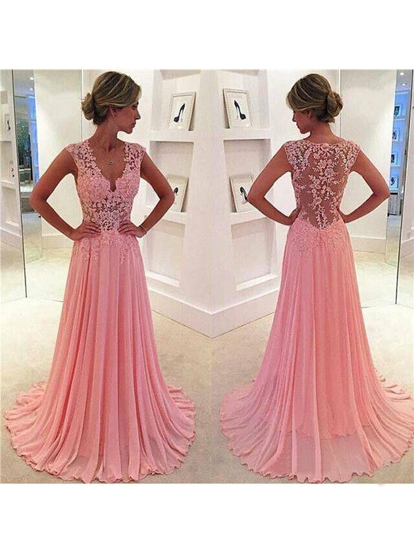 Sleeveless Amazing Chiffon Lace V-neck Prom Dress-ballbellauk