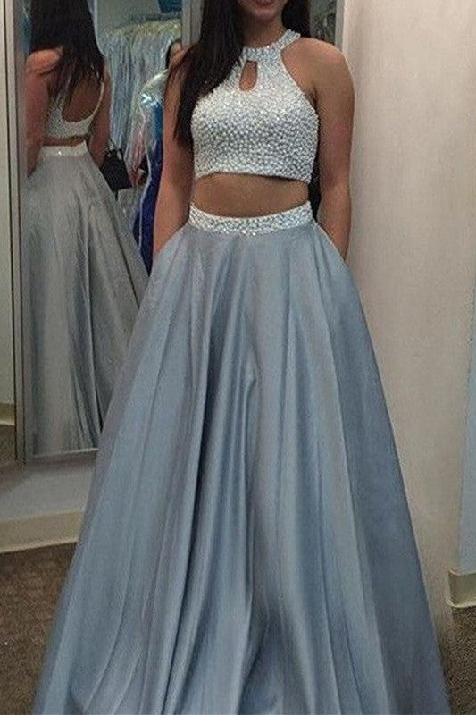 Sleeveless Amazing Halter Beading Satin Long Two Piece Prom Dress-ballbellauk