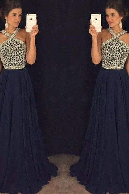 Sleeveless Amazing Halter Chiffon Beading Long Prom Dress-ballbellauk