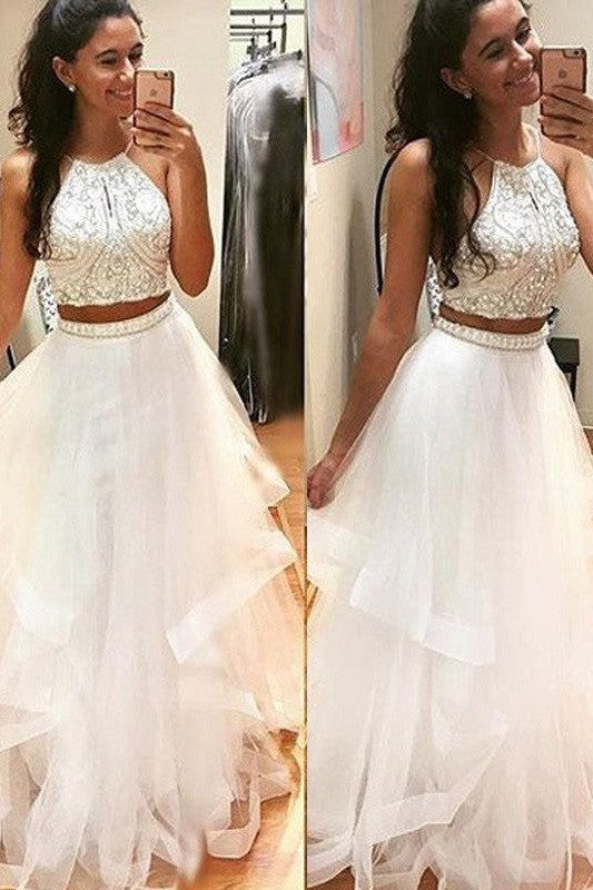 Sleeveless Amazing Halter Long Beading Tulle Prom Dress-ballbellauk