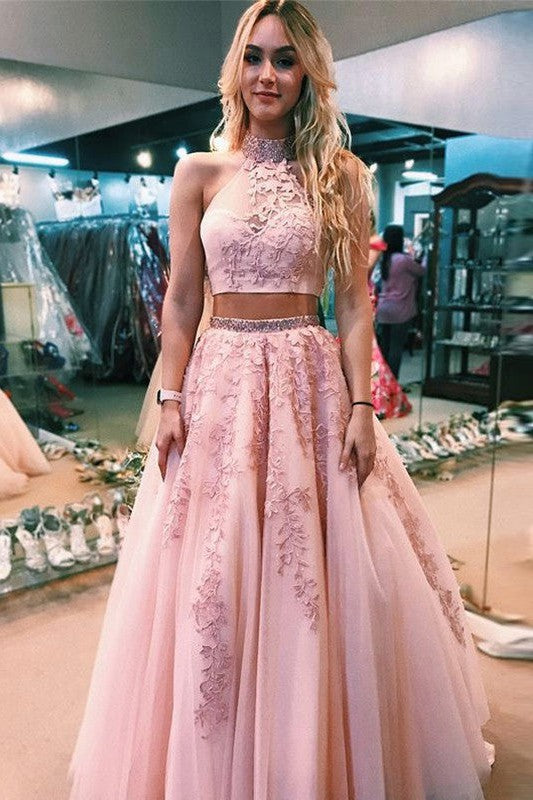 Sleeveless Amazing Halter Long With Appliques Two Piece Tulle Prom Dress online-ballbellauk