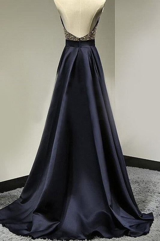 Sleeveless Amazing Halter Satin Long Beading Prom Dress-ballbellauk