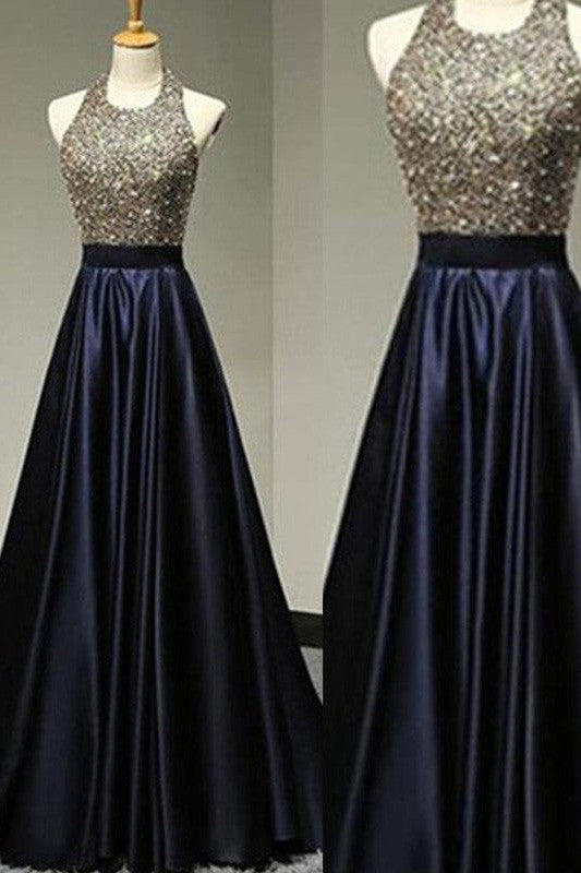 Sleeveless Amazing Halter Satin Long Beading Prom Dress-ballbellauk