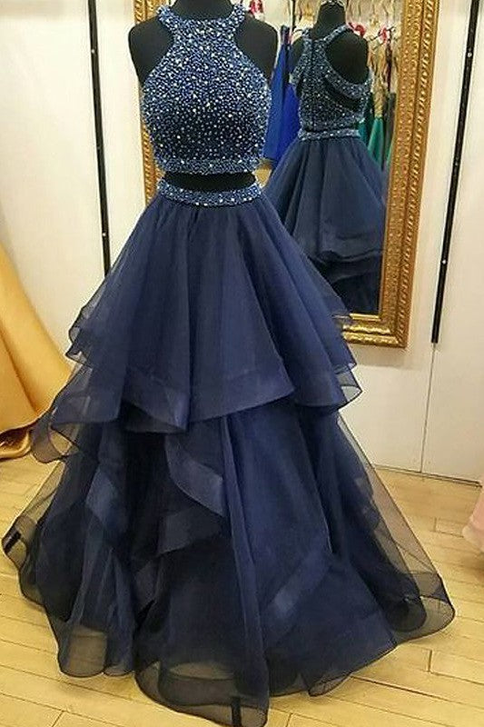 Sleeveless Amazing Halter Tulle Beading Long Two Piece Prom Dress-ballbellauk