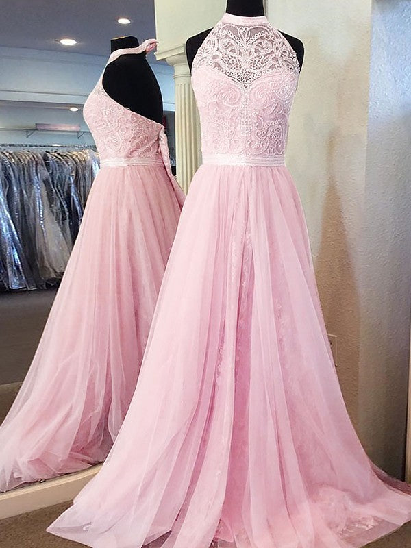 Sleeveless Amazing Halter Tulle Lace Prom Dress-ballbellauk