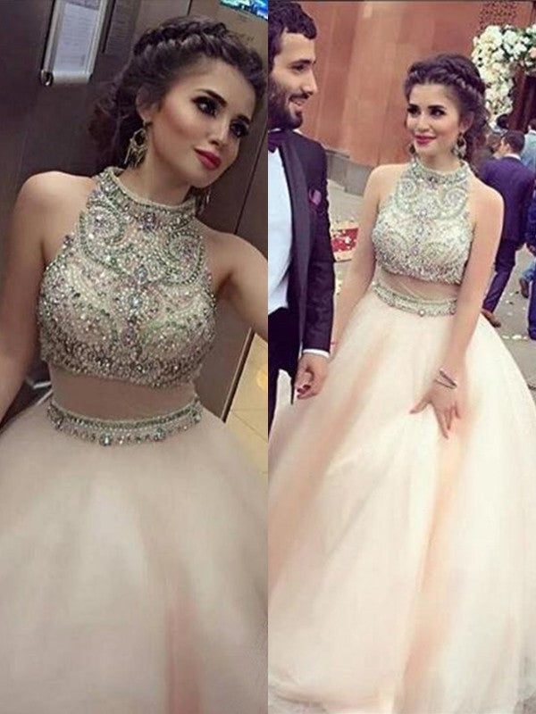 Sleeveless Amazing High Neck Long Crystal Tulle Prom Dress-ballbellauk