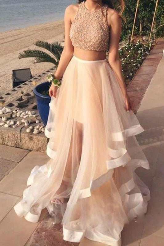 Sleeveless Amazing Long Beading Organza Two Piece Prom Dress-ballbellauk