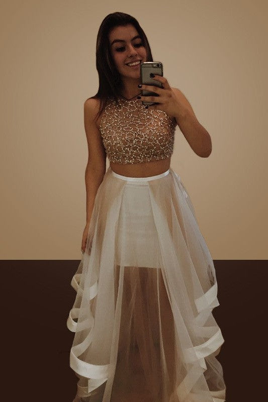 Sleeveless Amazing Long Beading Organza Two Piece Prom Dress-ballbellauk