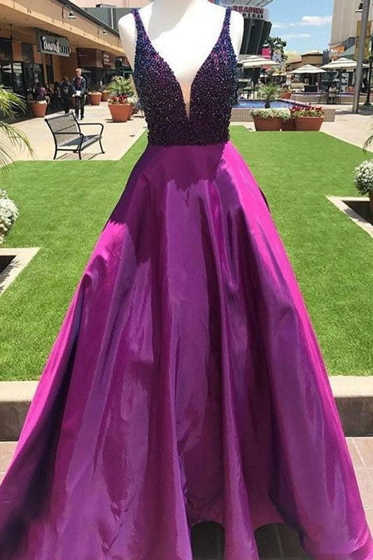 Sleeveless Amazing Long V-neck Beading Prom Dress with Satin-ballbellauk