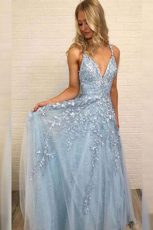 Sleeveless Amazing Long V-neck With Appliques Tulle Prom Dress online-ballbellauk