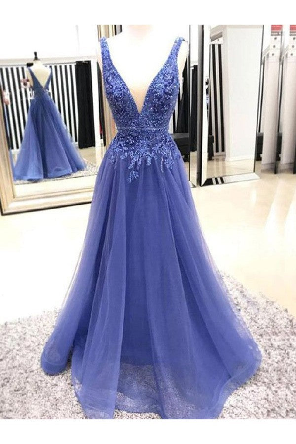 Sleeveless Amazing Long V-neck With Appliques Tulle Prom Dress online-ballbellauk