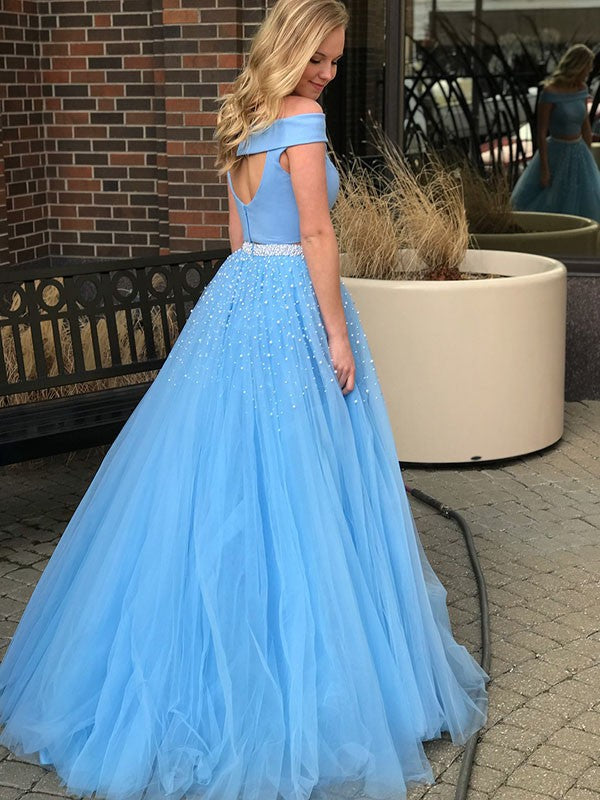 Sleeveless Amazing Off-the-Shoulder Beading Tulle Two Piece Prom Dress-ballbellauk