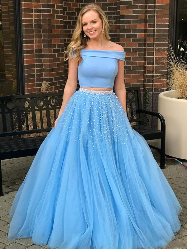 Sleeveless Amazing Off-the-Shoulder Beading Tulle Two Piece Prom Dress-ballbellauk