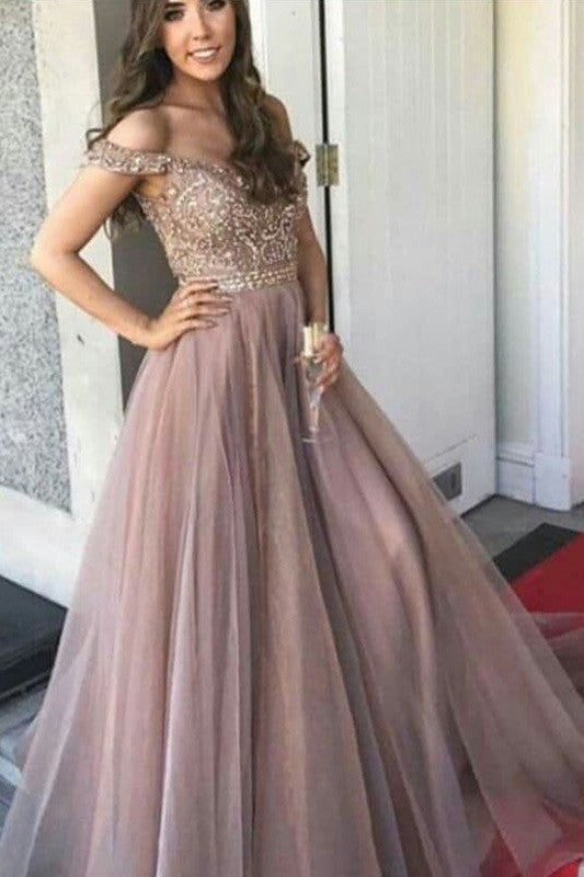 Sleeveless Amazing Off-the-Shoulder Long Tulle Prom Dress-ballbellauk