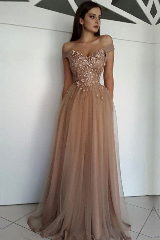 Sleeveless Amazing Off-the-Shoulder Long With Appliques Tulle Prom Dress-ballbellauk