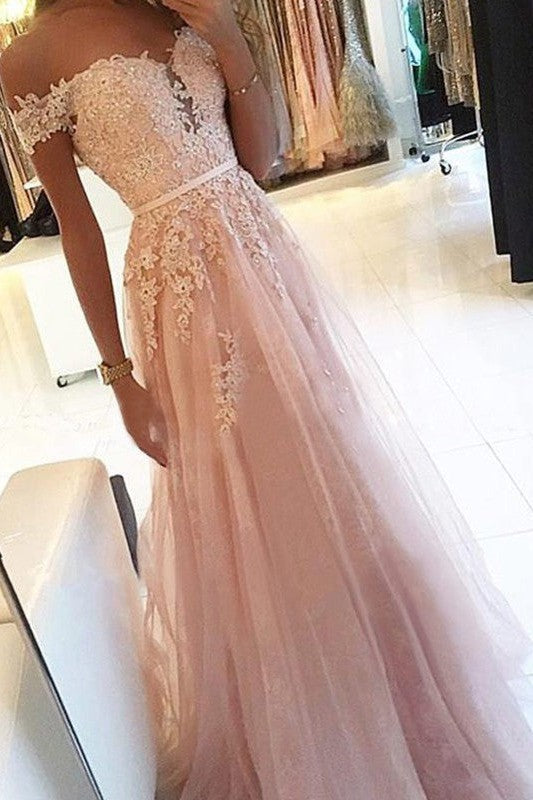 Sleeveless Amazing Off-the-Shoulder Long With Appliques Tulle Prom Dress-ballbellauk