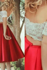 Sleeveless Amazing Off-the-Shoulder Satin Lace Knee-Length Two Piece Prom Dress-ballbellauk