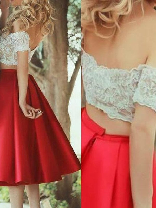 Sleeveless Amazing Off-the-Shoulder Satin Lace Knee-Length Two Piece Prom Dress-ballbellauk