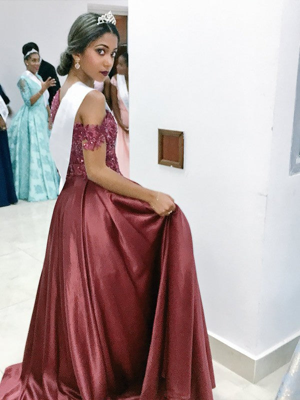 Sleeveless Amazing Off-the-Shoulder Satin With Appliques Long Prom Dress-ballbellauk