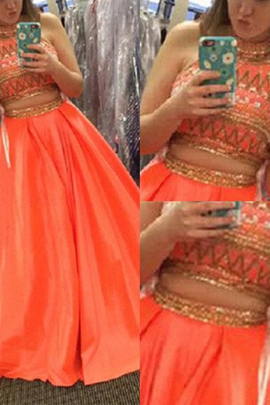 Sleeveless Amazing Satin Beading Long Two Piece Prom Dress-ballbellauk