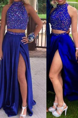 Sleeveless Amazing Satin Beading Two Piece Prom Dress-ballbellauk