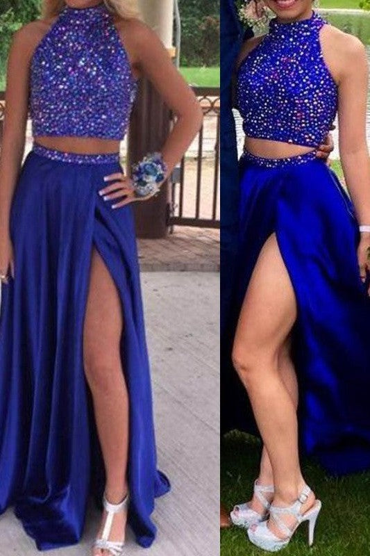 Sleeveless Amazing Satin Beading Two Piece Prom Dress-ballbellauk