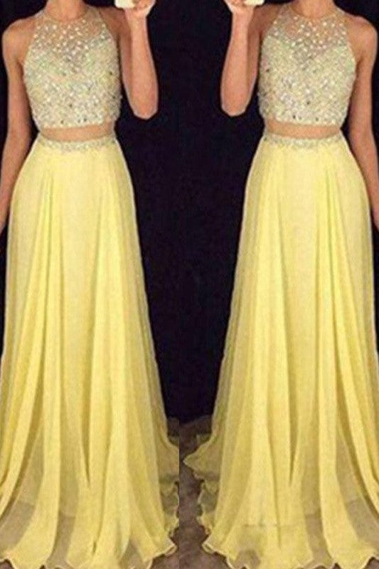 Sleeveless Amazing Scoop Beading Chiffon Two Piece Prom Dress-ballbellauk