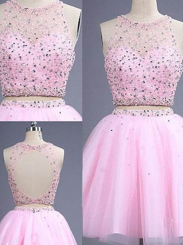 Sleeveless Amazing Scoop Beading Tulle Two Piece Prom Dress-ballbellauk