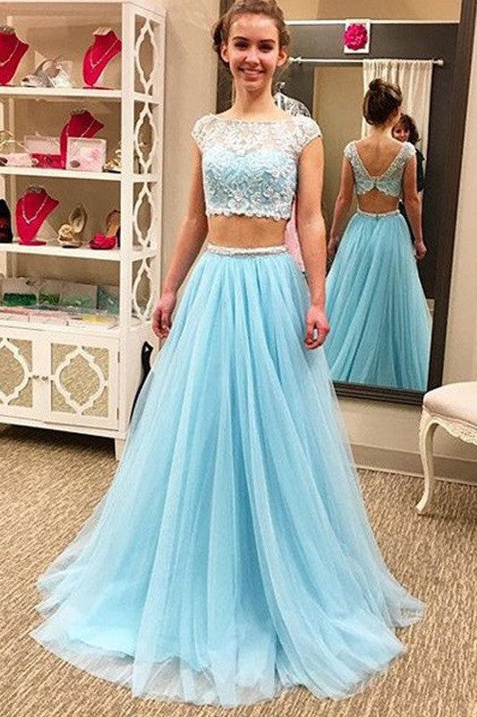 Sleeveless Amazing Scoop Long Beading Tulle Two Piece Prom Dress-ballbellauk