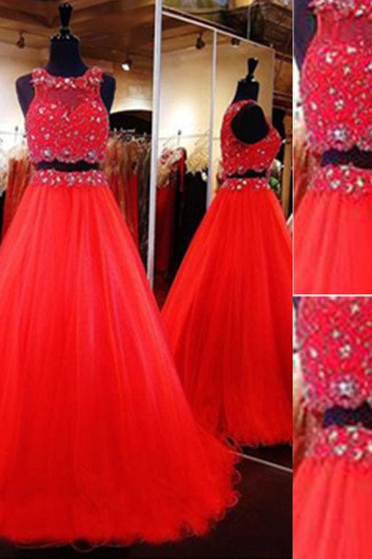 Sleeveless Amazing Scoop Long Beading Tulle Two Piece Prom Dress-ballbellauk