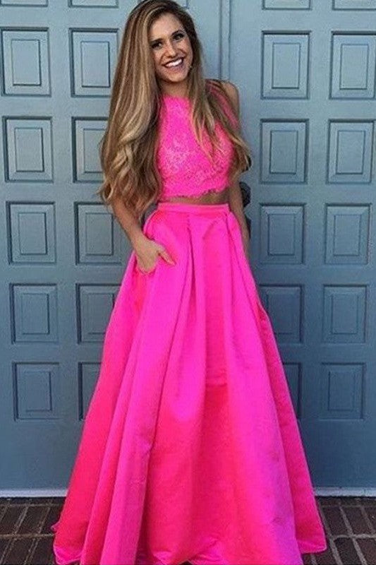 Sleeveless Amazing Scoop Long Lace Satin Two Piece Prom Dress-ballbellauk