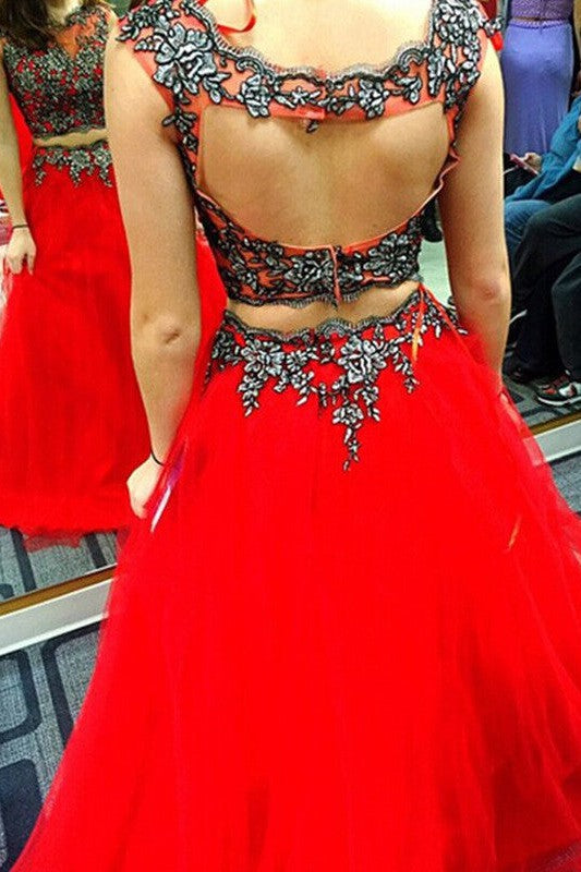 Sleeveless Amazing Scoop Long With Appliques Satin Two Piece Prom Dress-ballbellauk