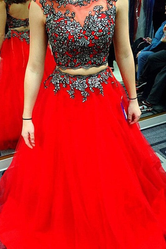 Sleeveless Amazing Scoop Long With Appliques Satin Two Piece Prom Dress-ballbellauk