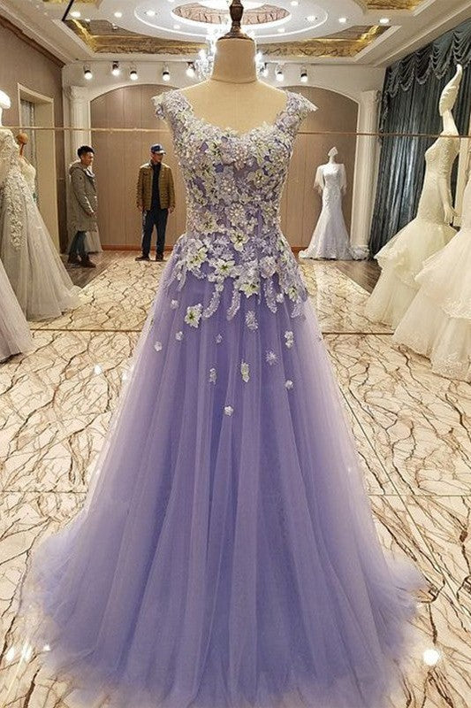 Sleeveless Amazing Scoop With Appliques Long Tulle Prom Dress-ballbellauk