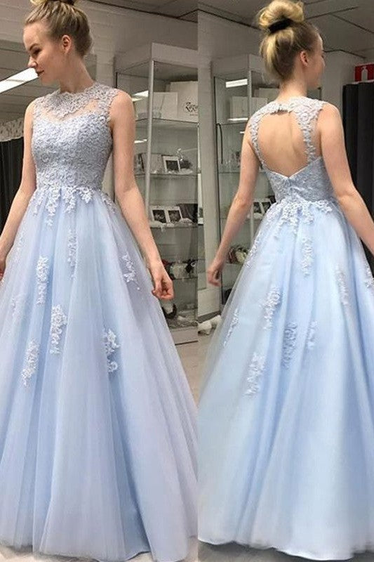 Sleeveless Amazing Sheer Neck With Appliques Long Tulle Prom Dress-ballbellauk