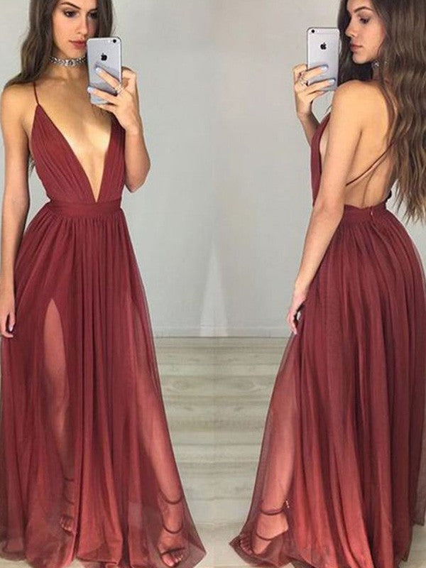 Sleeveless Amazing Spaghetti-Straps Chiffon Long Ruched Prom Dress-ballbellauk