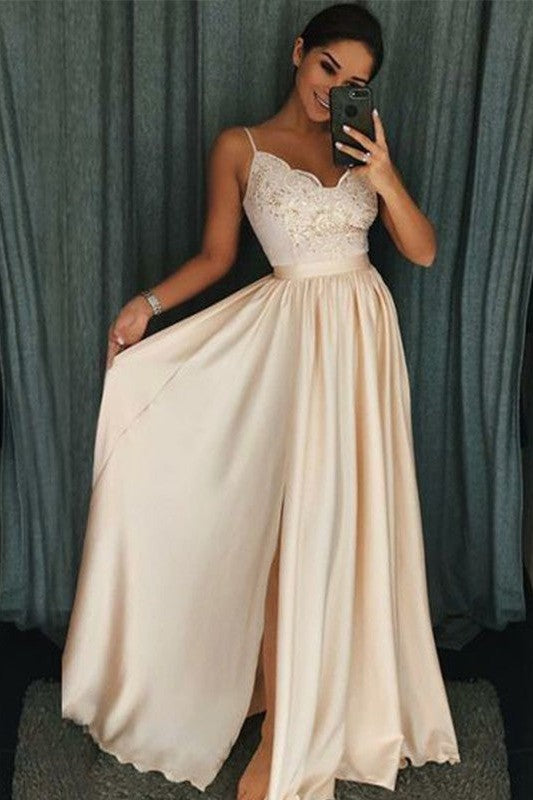 Sleeveless Amazing Spaghetti-Straps Long With Appliques Prom Dress On Sale-ballbellauk