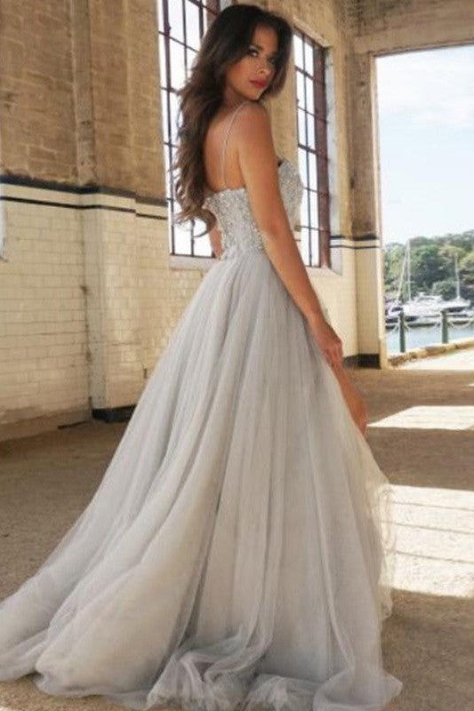 Sleeveless Amazing Spaghetti-Straps Tulle Beading Prom Dress-ballbellauk