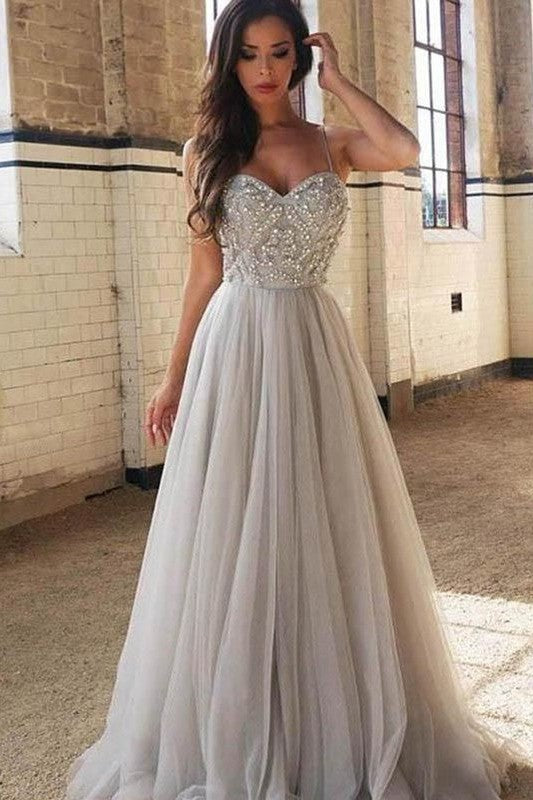 Sleeveless Amazing Spaghetti-Straps Tulle Beading Prom Dress-ballbellauk