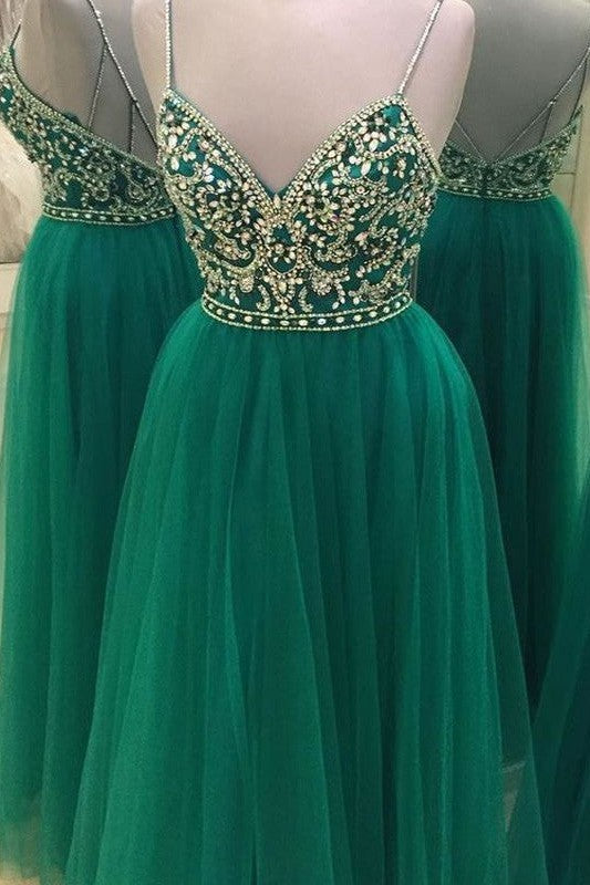 Sleeveless Amazing Spaghetti-Straps Tulle Long Beading Prom Dress-ballbellauk