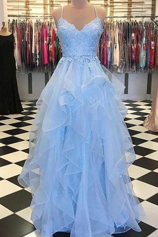 Sleeveless Amazing Spaghetti-Straps With Appliques Long Net Prom Dress-ballbellauk