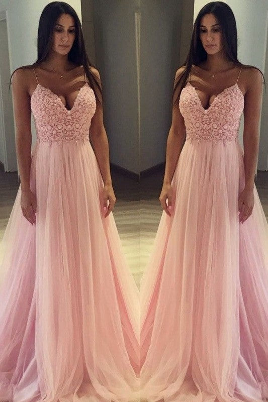 Sleeveless Amazing Spaghetti-Straps With Appliques Tulle Prom Dress-ballbellauk