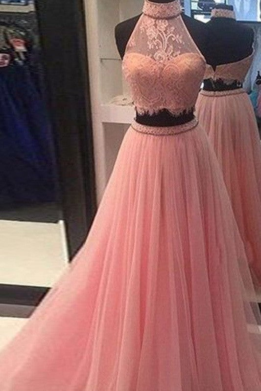 Sleeveless Amazing Tulle Lace Long Two Piece Prom Dress-ballbellauk