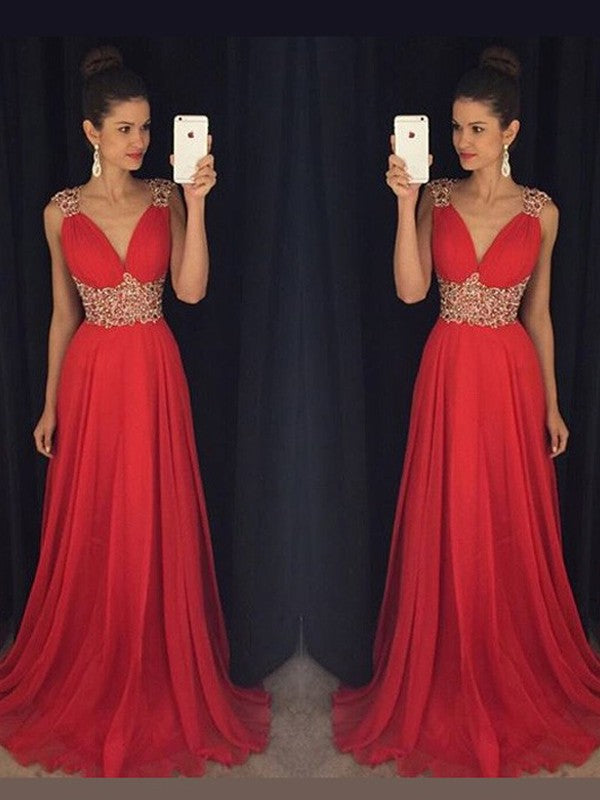 Sleeveless Amazing V-neck Beading Long Evening Dress Chiffon-ballbellauk