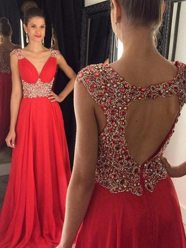 Sleeveless Amazing V-neck Beading Long Evening Dress Chiffon-ballbellauk