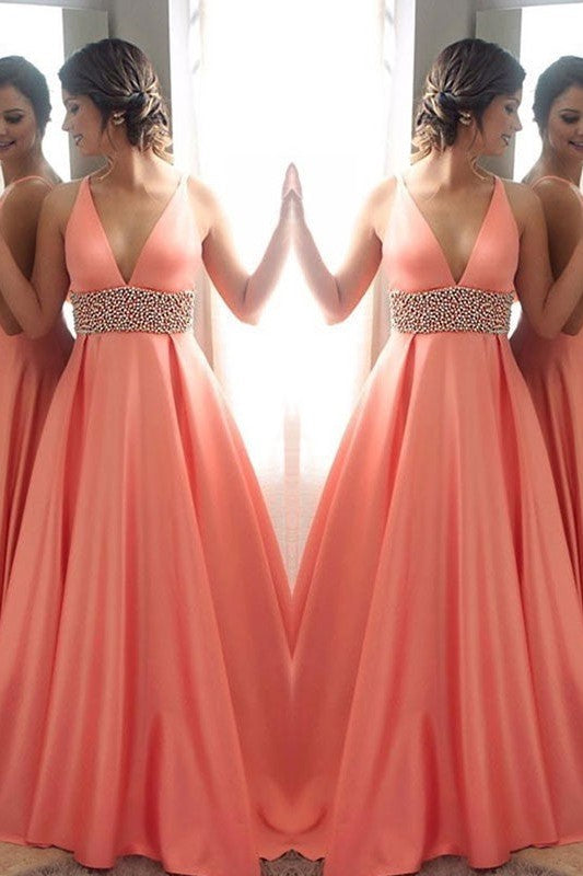 Sleeveless Amazing V-neck Beading Prom Dress with Satin-ballbellauk