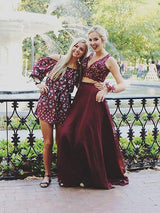 Sleeveless Amazing V-neck Chiffon Lace Long Two Piece Prom Dress-ballbellauk