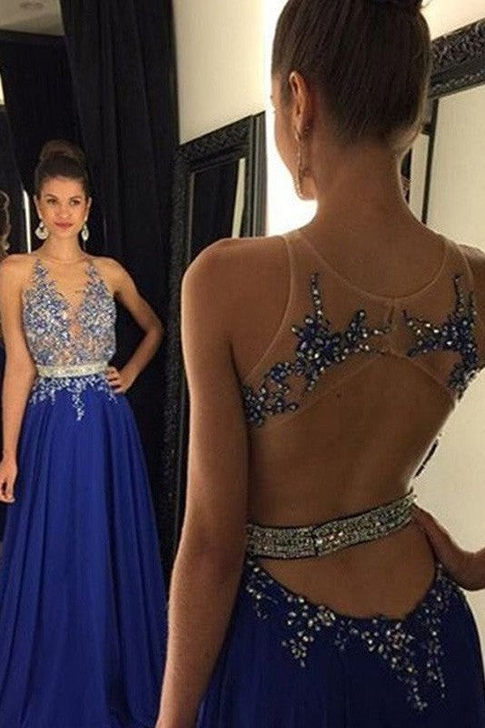 Sleeveless Amazing V-neck Chiffon With Appliques Long Prom Dress-ballbellauk