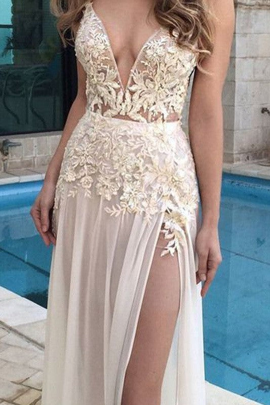 Sleeveless Amazing V-Neck Chiffon With Appliques Long Prom Dress-ballbellauk